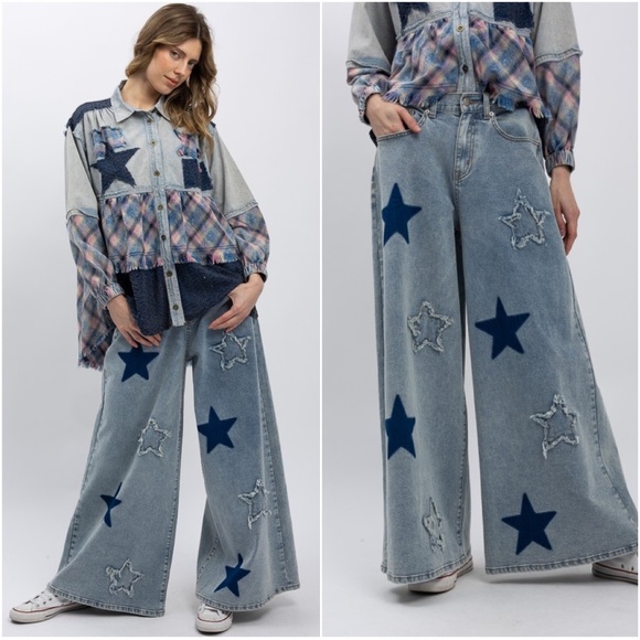 Bluevelvet Light Wash Star Patch Print Wide leg Denim Jeans Pants - Picture 1 of 4